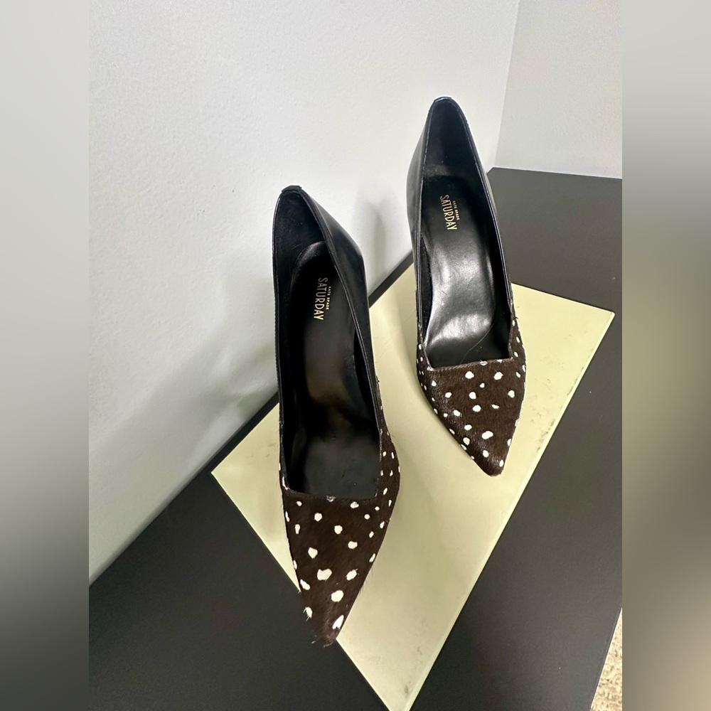 Kate Spade Shearling Dark Brown and White Polka Dot Heels with Black Base LNC